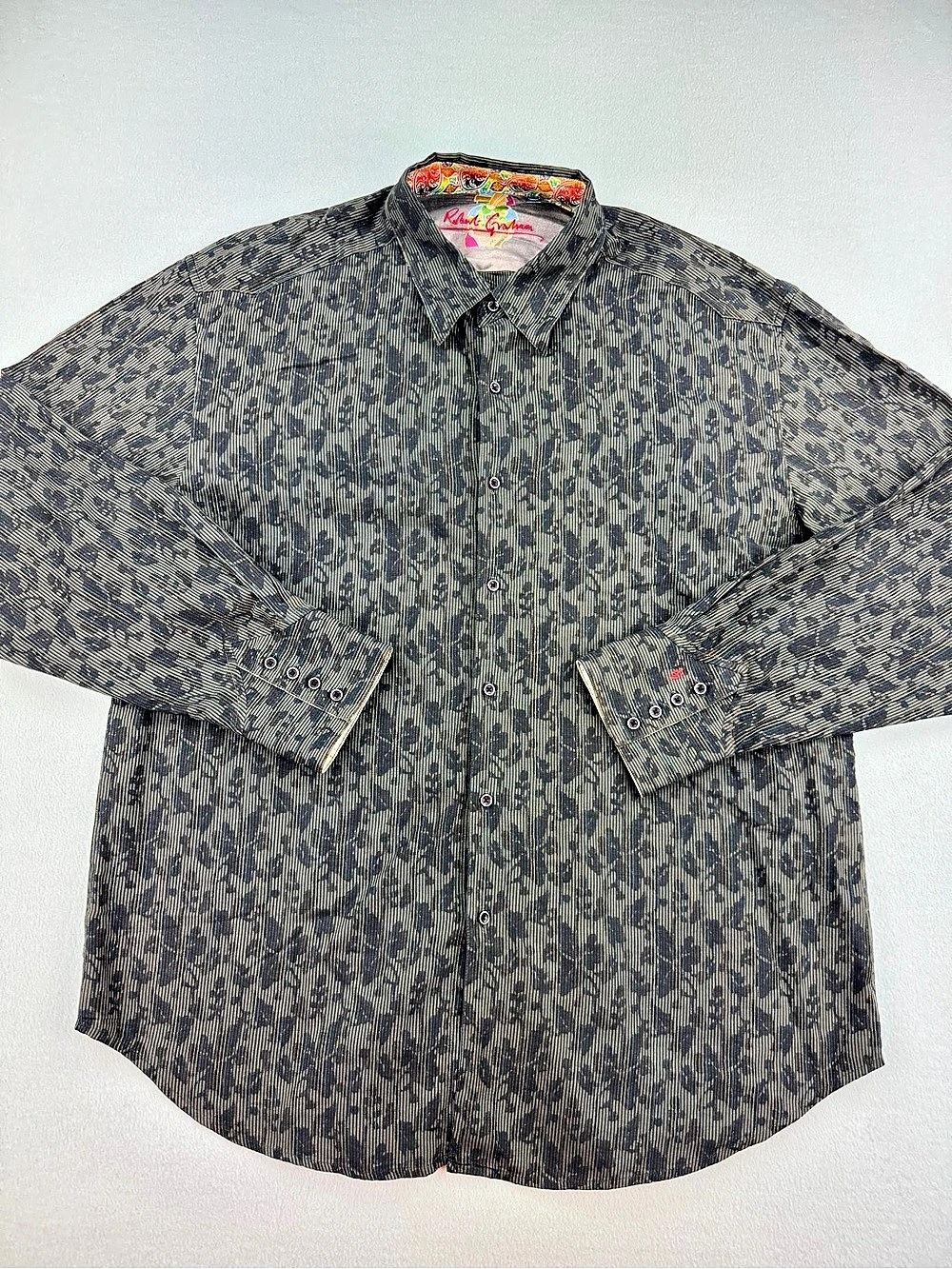 Robert Graham Mens Dark Striped Black Floral Flip Cuff Long Sleeve Button Sz 3XL